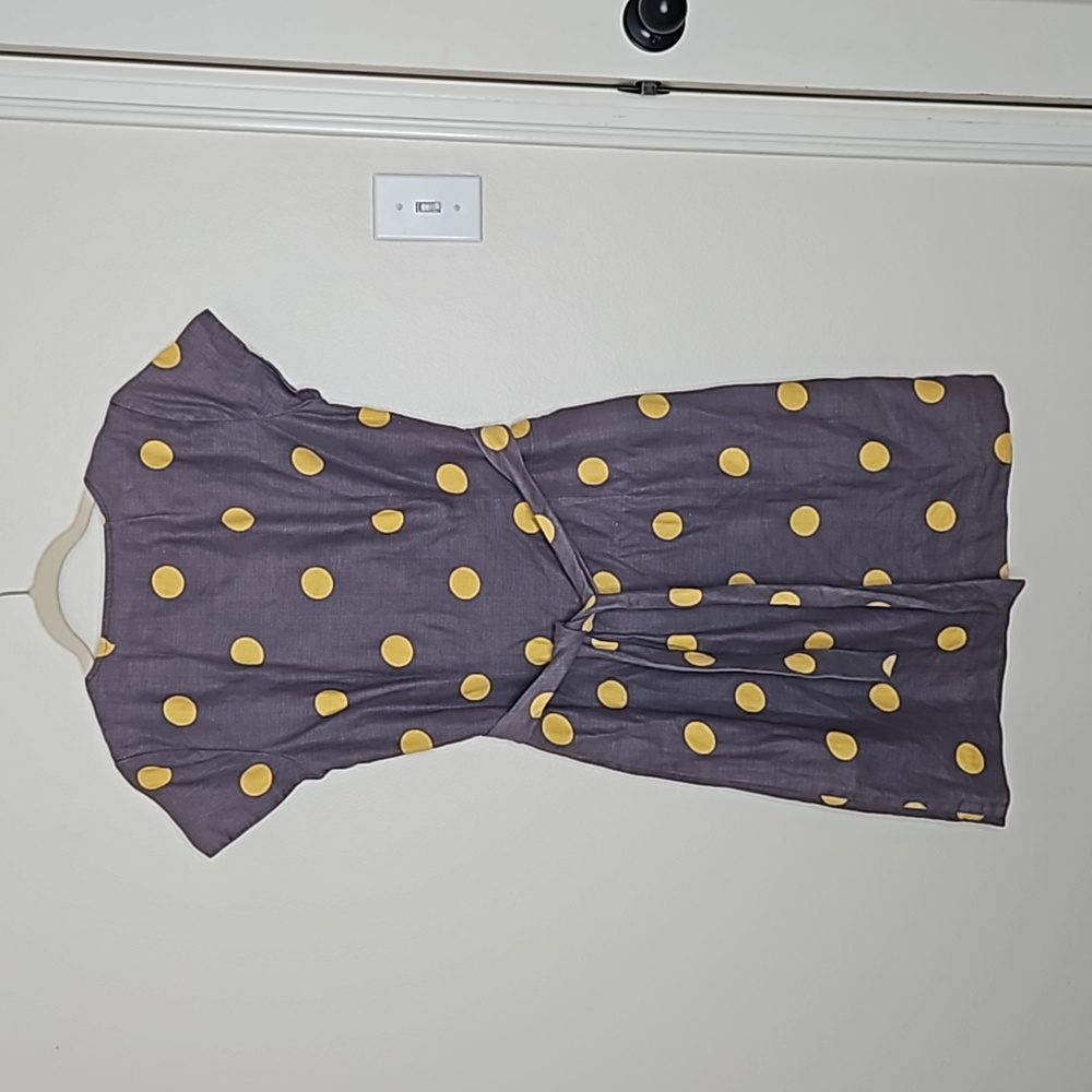 Boden Womens Dress Sz 6 Gray Yellow Polka Dot Belted Sheath Cotton Linen Preppy - Picture 10 of 11